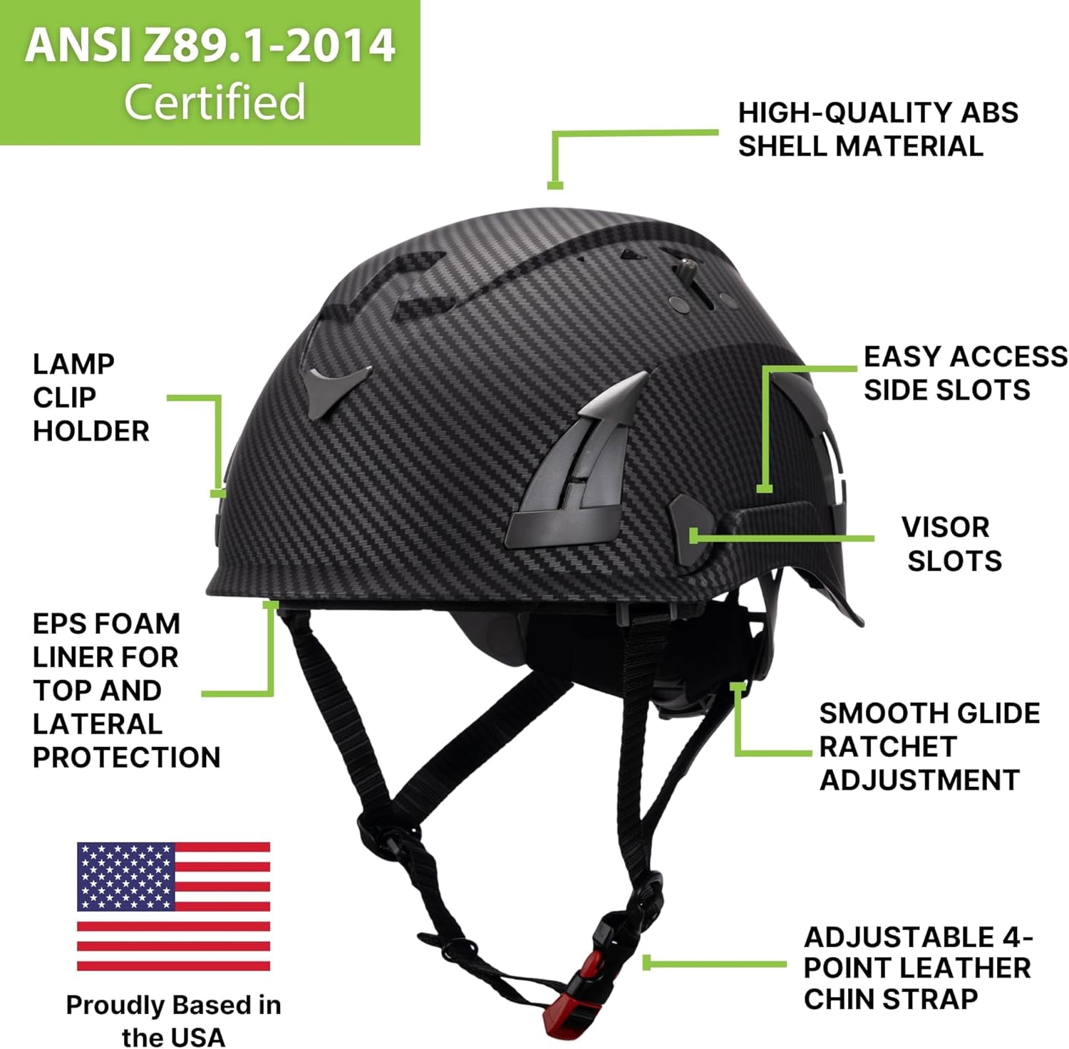 Land Helmets AeroPro Arborist Safety Helmet with Visor – ANSI Z89.1 Type 1 Class C Vented - Hard Hat for Fall Protection, Arborist & Technical Rescue - Carbon Fiber with Smoke Visor