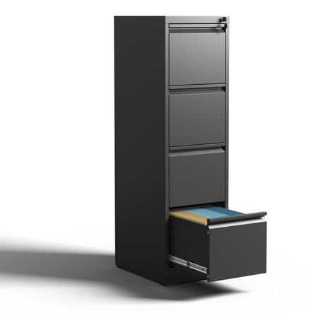 YIYADO 4 Drawer Vertical File Cabinet with Lock, Metal Vertical File Storage Cabinet for A4 Legal/Letter Size, Hanging Folders for Office, School, Home (Black)