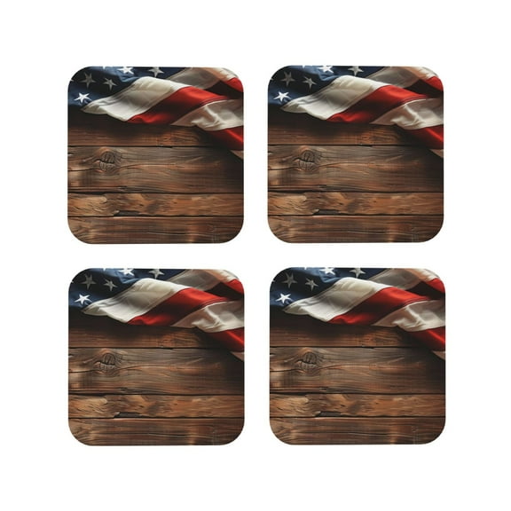 Vsdgher Rustic American Flag Wood Leather Coasters for Drinks, Durable Drink Coasters 4 Set for Tabletop Protection, Luxurious Home Décor and Housewarming Gift-Square