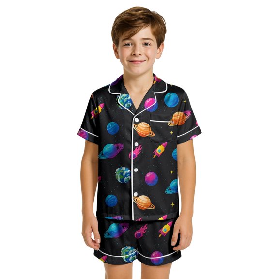 LIIPEE Summer Pajamas For Boys Kids Cartoon Graphic Short Sleeve Flat Collar Button Up Shirts And Shorts Pajama Set 2 Piece Sleepwear,12-13 Years