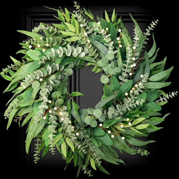 24" Eucalyptus Wreath for Front Door - Large Artificial Greenery Outdoor Wreath for Porch, Window,Farmhouse,Home,Holiday,Hanging Decor- Spring, Summer, Fall, All Seasons (Green)