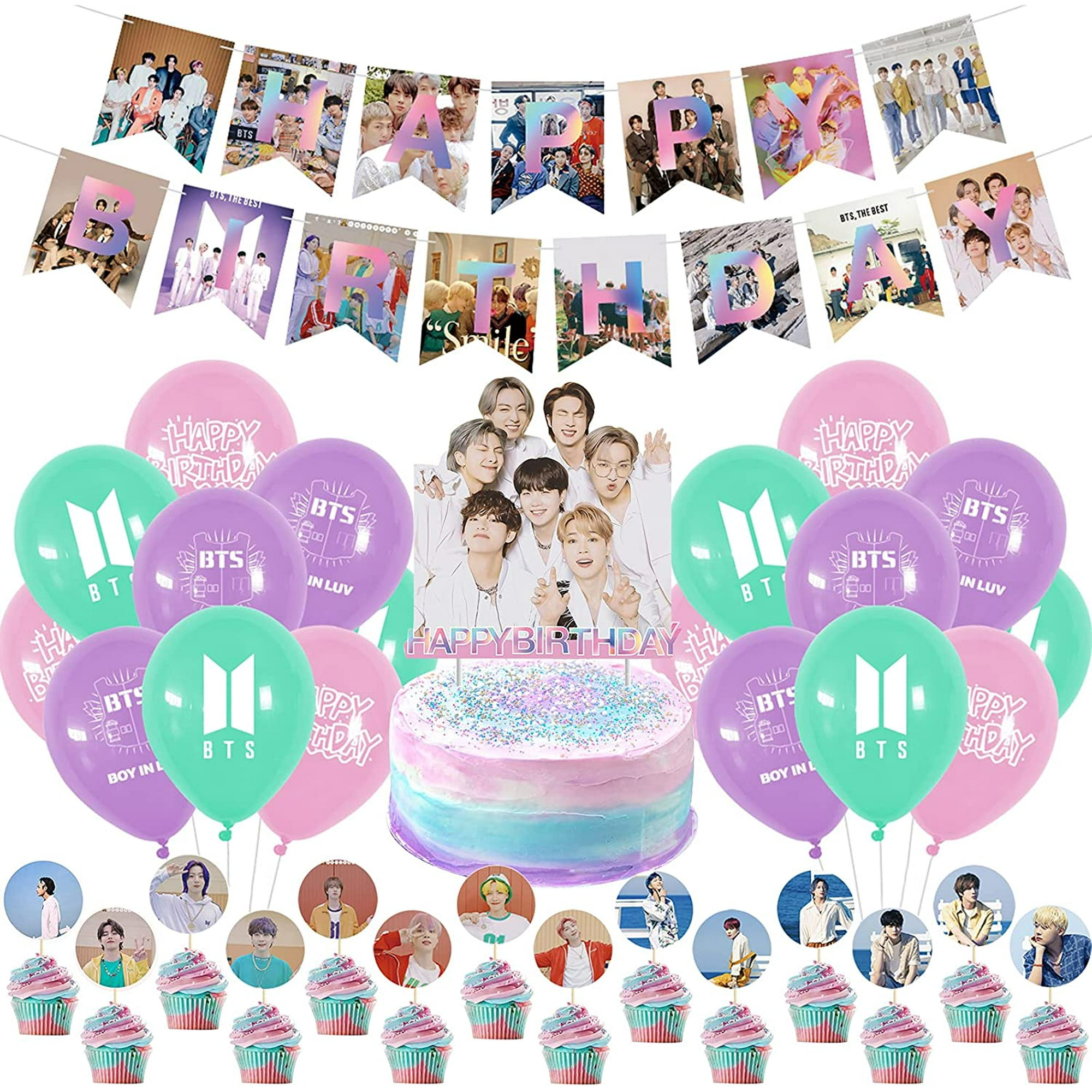 BTS Décorations De Fête D'Anniversaire Fournitures D'Anniversaire Kpop Pour Fans De Bangtan Garçons Incluent Bannière Joyeux Anniversaire BTS Toppers De Gâteau Ballons