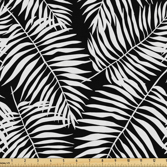 Ambesonne Leaves Fabric by the Yard Upholstery, Black Aloha Leaf Botanical, 2 Yards, Black and White