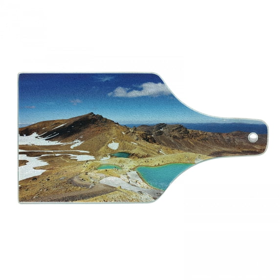 New Zealand Cutting Board, Tongariro National Park Emerald Lakes and Mountains Natural Tourist Attractions, Tempered Glass Cutting and Serving Board, Wine Bottle Shape, Multicolor, by Ambesonne