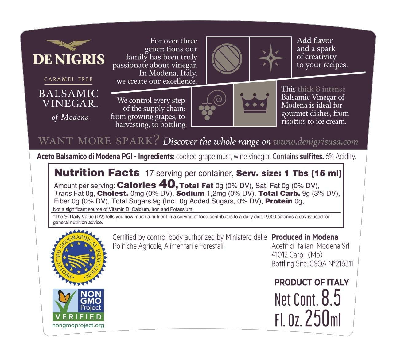 De Nigris Platinum Eagle Balsamic Vinegar of Modena - 250mL