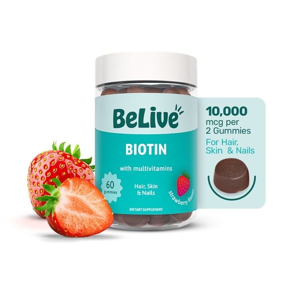 BeLive Biotin Gummies with MultiVitamins, Folate, Inositol – Supports Hair Growth, Healthy Skin & Nails – Vegan – Strawberry Flavor (60 Count)