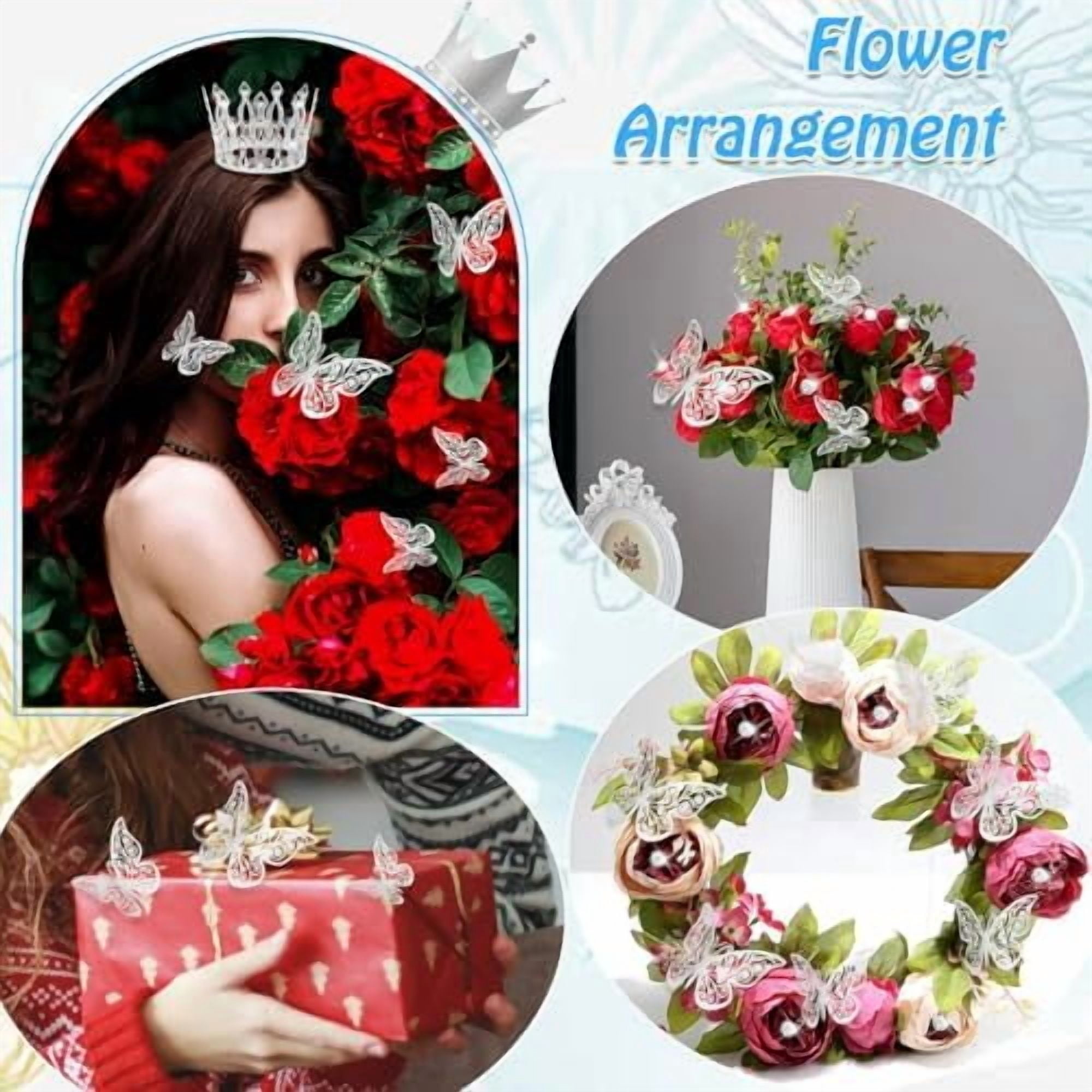 cridoz Flower Bouquet Accessories Including 4 Pcs Silver Crowns, 12 Pcs Butterfly Decorations and 50 Pcs Flower Pins for Flower Bouquets and Cake Topper Decoration
