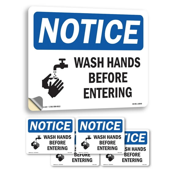 Wash Hands Before Entering With Symbol OSHA Notice Vinyl Decal Label 14 Inch x 10 Inch - 5 Pack
