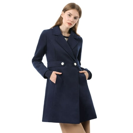 Notch Collar Button - Unique Bargains Women\'s Buttoned Notch Collar Long Coat Blue (Size XL / 18)