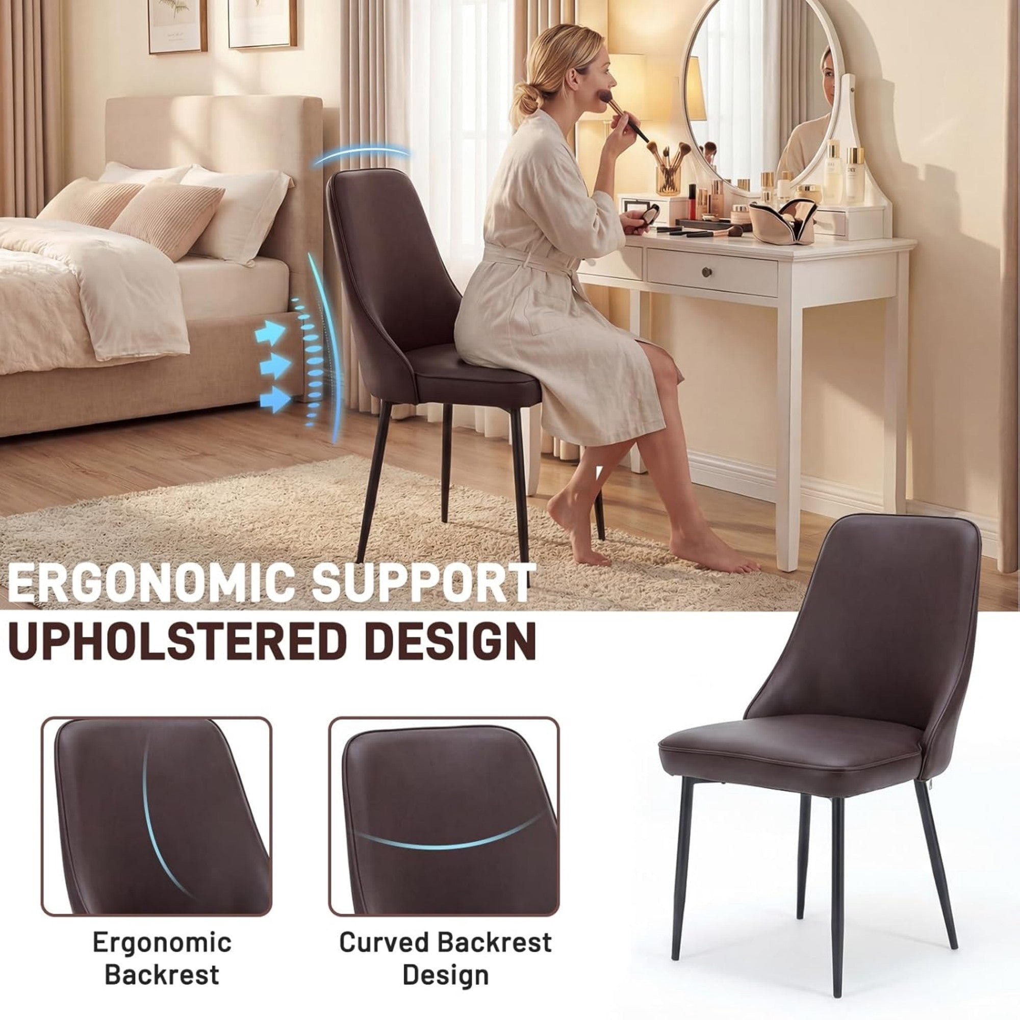 Sailvan Modern Dining Chairs Set of 8,Faux Leather Upholstered Kitchen Chairs with Ergonomic Curved Back and Metal Legs,Waterproof Side Chairs for Dining Room Brown