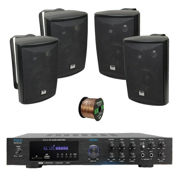 Pyle PDA8BU 5.1 Channel Home Audio Theater Bluetooth MP3/USB/SD/AUX/FM Radio Receiver, 4x 4" 200 Watt Max 3-Way Indoor/Outdoor Wall Mount Audio Speakers (Black), 50 ft 16 Gauge Speaker Wire