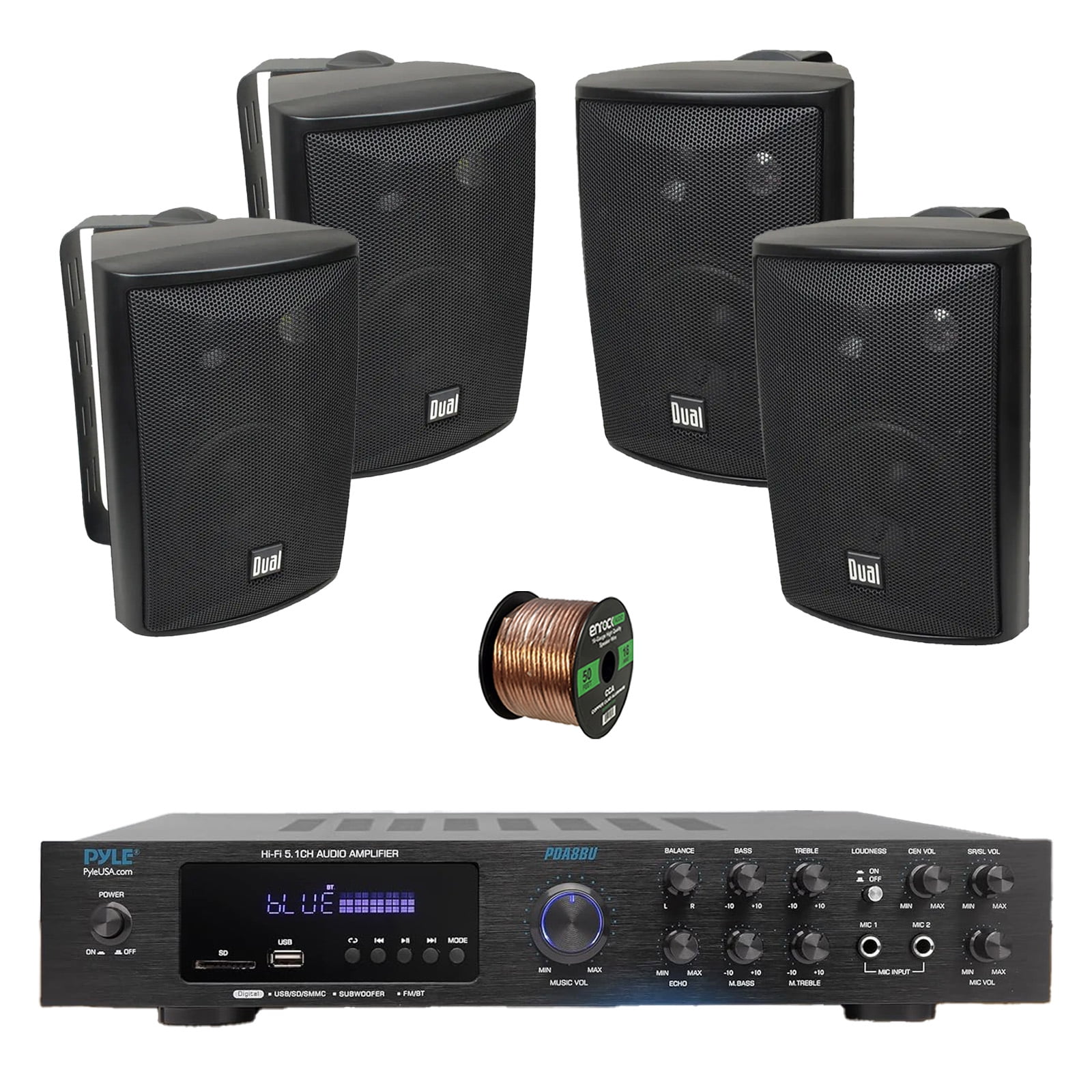 Pyle PDA8BU 5.1 Channel Home Audio Theater Bluetooth MP3/USB/SD/AUX/FM Radio Receiver, 4x 4" 200 Watt Max 3-Way Indoor/Outdoor Wall Mount Audio Speakers (Black), 50 ft 16 Gauge Speaker Wire