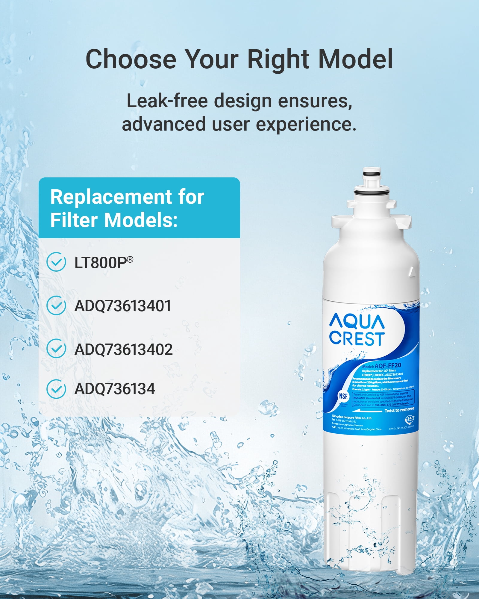 AQUA CREST ADQ73613401 Refrigerator Water Filter, Replacement for LG® LT800P®, ADQ73613402, ADQ73613408, ADQ75795104, Kenmore 9490, 46-9490, LSXS26326S, LMXC23746S, LMXC23746D (Pack of 3)