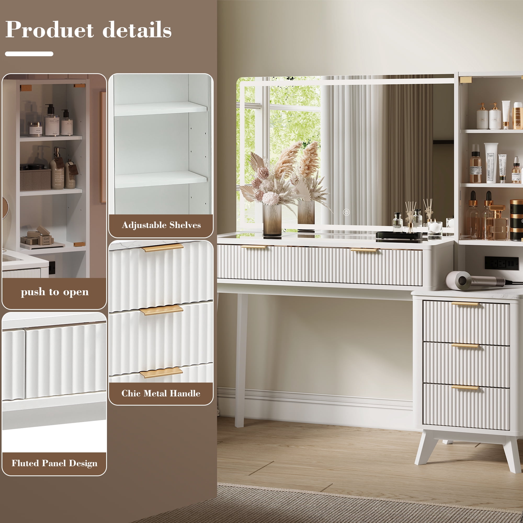 KeyWhat 48" Fluted Vanity Desk with 36" Mirror and Lights, Modern Makeup Table with 5 Drawers, Charging Station, Adjustable Shelves - White