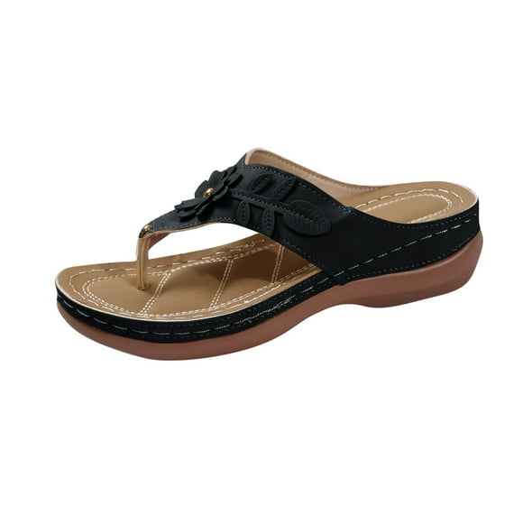 LOVZFMLL Sandals for Women 2025 Summer Fashion Flower Flip Flops Slip On Open Toe Thong Casual Outdoor Beach Vacation Comfort Walking Slides Black 7