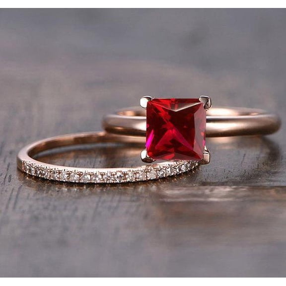 1.75 Carat 6mm Princess cut Ruby and Moissanite Diamond Engagement Bridal Wedding Ring Set in 10k Rose Gold