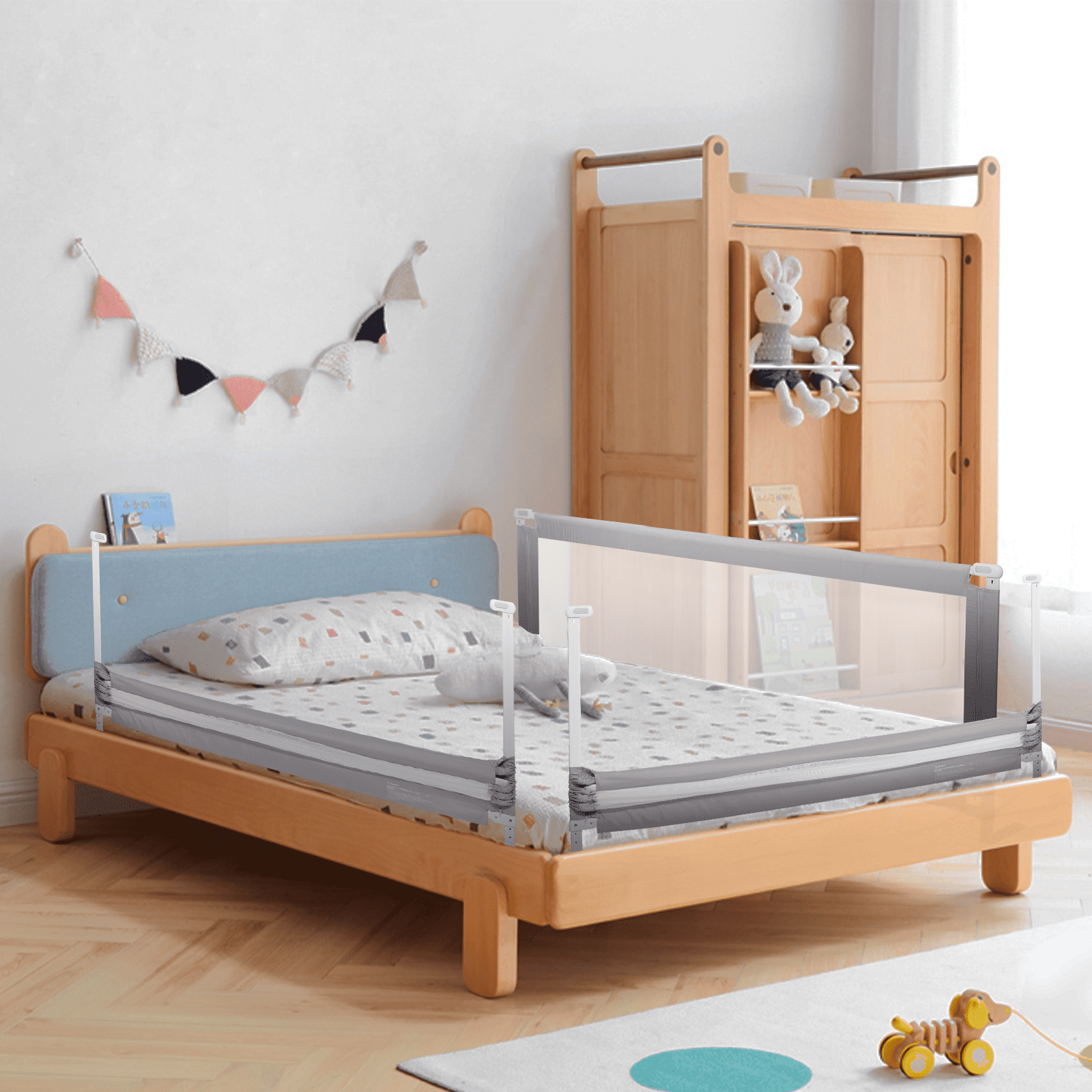 Double Swing Down Bedrail for Convertible Crib Full Size Queen & King BABY JOY Toddlers Bed Rail Guard Kids Twin Stainless Steel Folding Safety Bed Guard Gray, 59-Inch