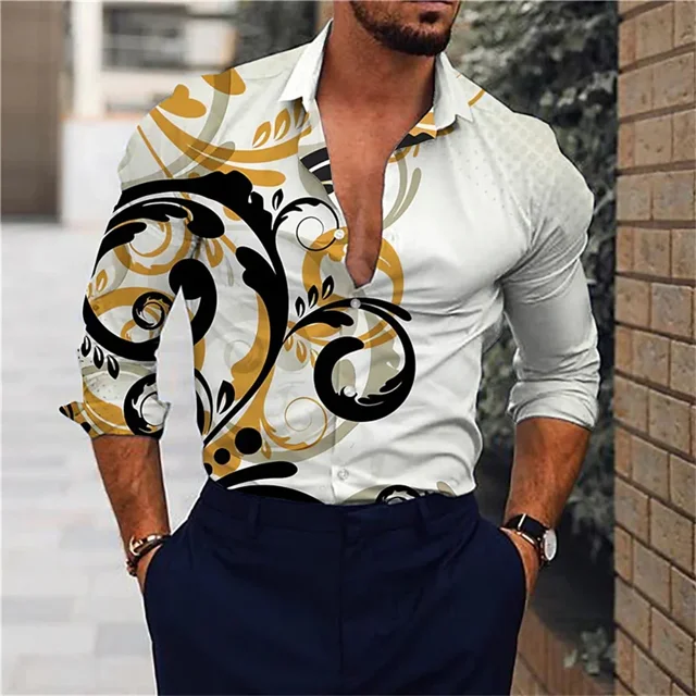 Nueva camisa de manga larga para hombre con botones tipo polo con estampado 3D de alta calidad y diseño de moda para fiestas sociales 2024