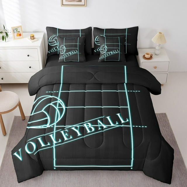 YST Ensemble de Douillette Grand Lit Terrain de Volleyball, Literie de Sport Gamer, Ensemble de Lit 7 Pcs Bleu Sarcelle (Réversible Noir)