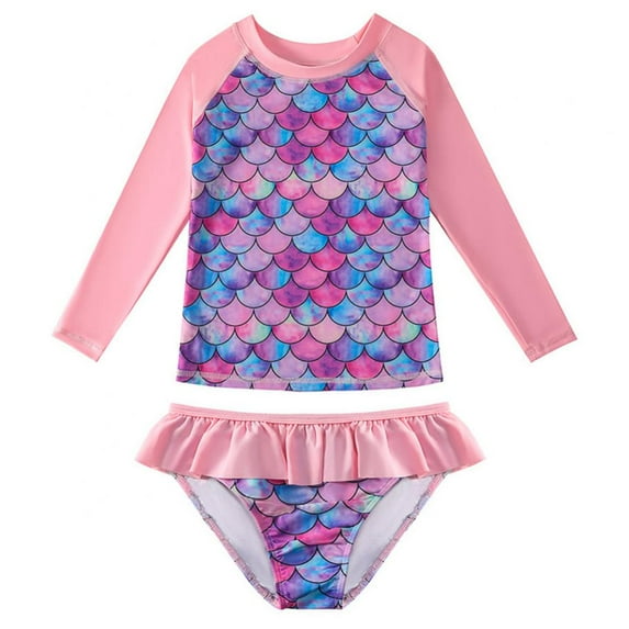 Girls 2 Pieces Rash Guard Swimsuit Long Sleeve Tankini for 2-10 Years
