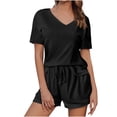 thumbnail image 2 of Hrsba Solid Color V Neck Short Sleeve Tops with Drawstring Waist Shorts 2 Piece Set for Women Summer Casual Daily Outfits, 2 of 5