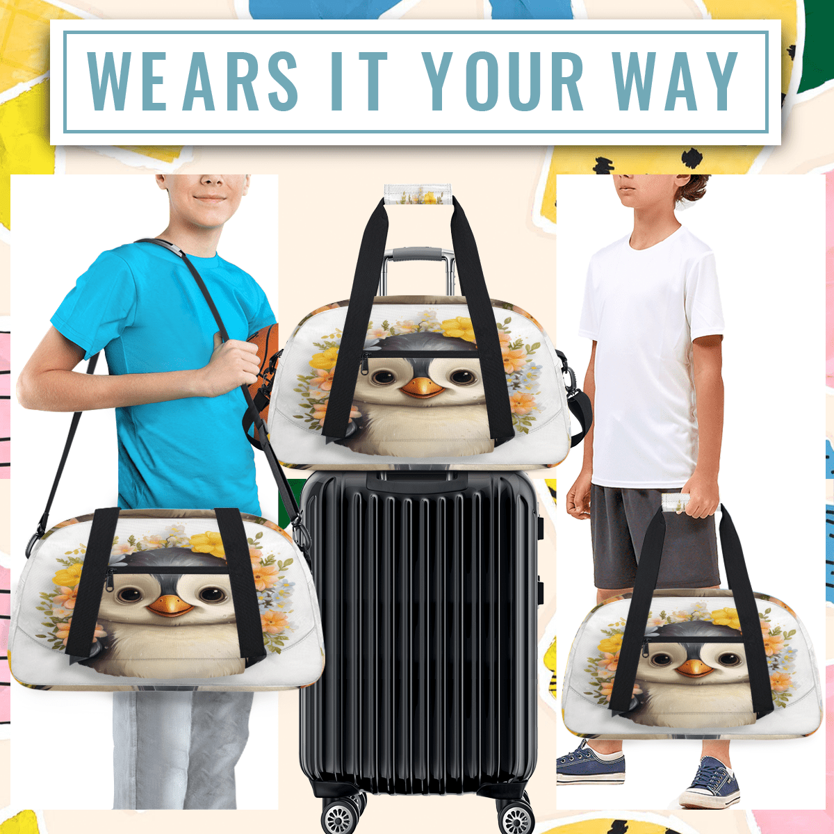 Herdesigns Penguin Sports Duffle Bag for Women & Men, Penguin Gym Bag Dance Bag Overnight Bag Carry On Weekender Travel Bag
