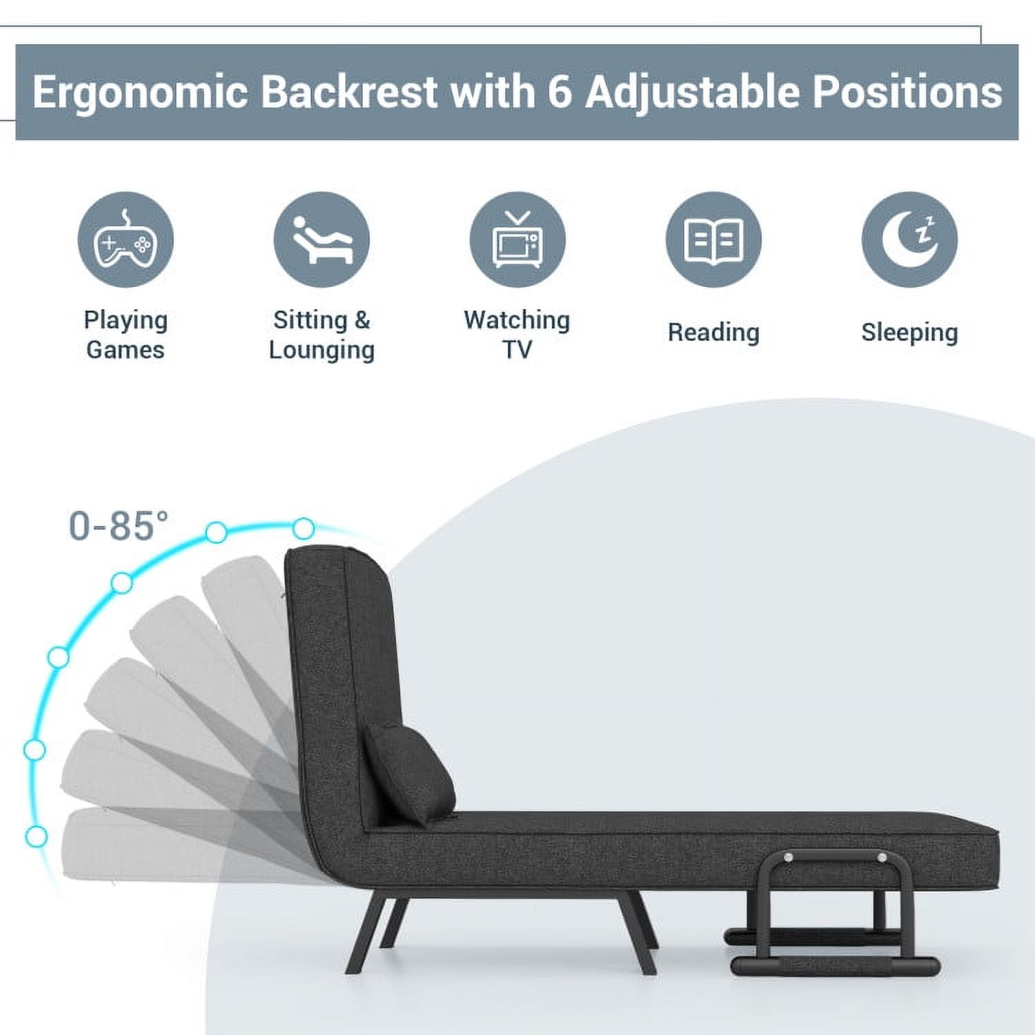 Finihen Convertible Sofa Bed, Folding 6 Position Convertible Sleeper Bed Armchair Lounge Couch with Pillow, Metal Legs, Linen Armchairs for Nursery Living Room, Office, Blue