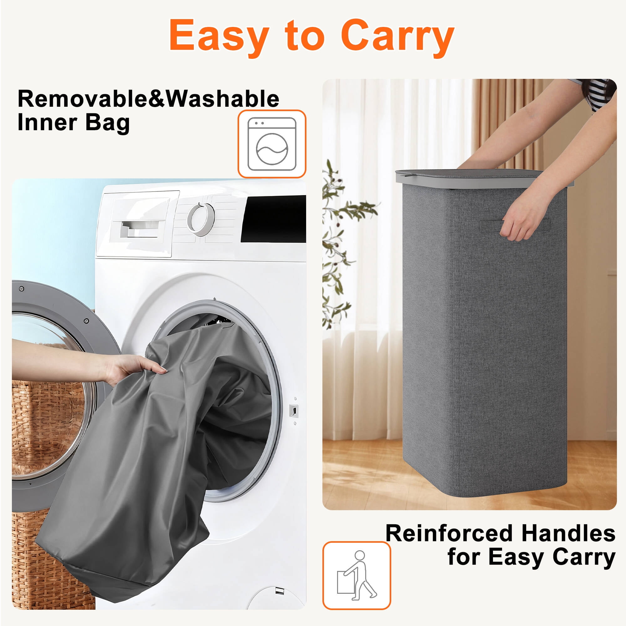 BGTREND 2PCS Slim Laundry Hamper with Lid 110L Foldable Clothes Basket with Removable Mesh Bag & Handle for Closet Bathroom Bedroom (Gray)