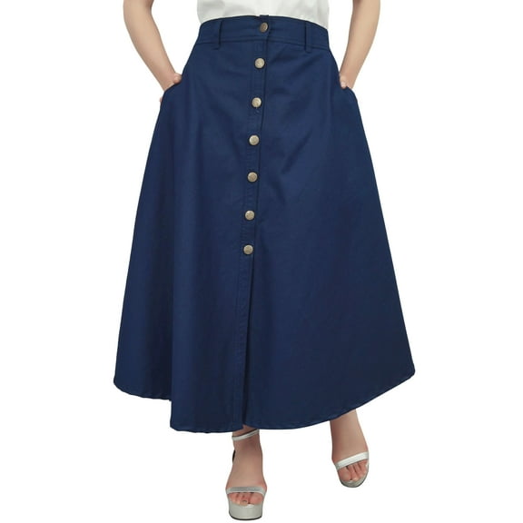 Bimba Women's Denim A-line Elastic Waist Designer Skirt With Front Button-S