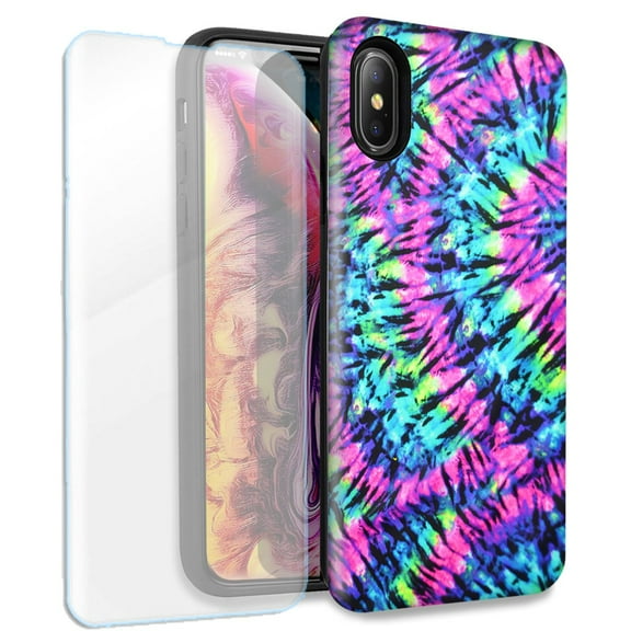 Mundaze Hippie Tie Dye Double Layer Case w/Glass Screen Protector For Apple iPhone XS Max
