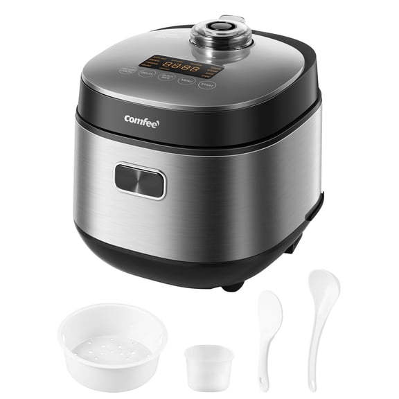 COMFEE' Compact Rice Cooker 8 Cups Cooked/4 Cups Uncooked, 9-in-1 Multi Cooker, Fast Rice Maker, Steam, Brown Rice, Grains, Fuzzy Logic Technology, Grey