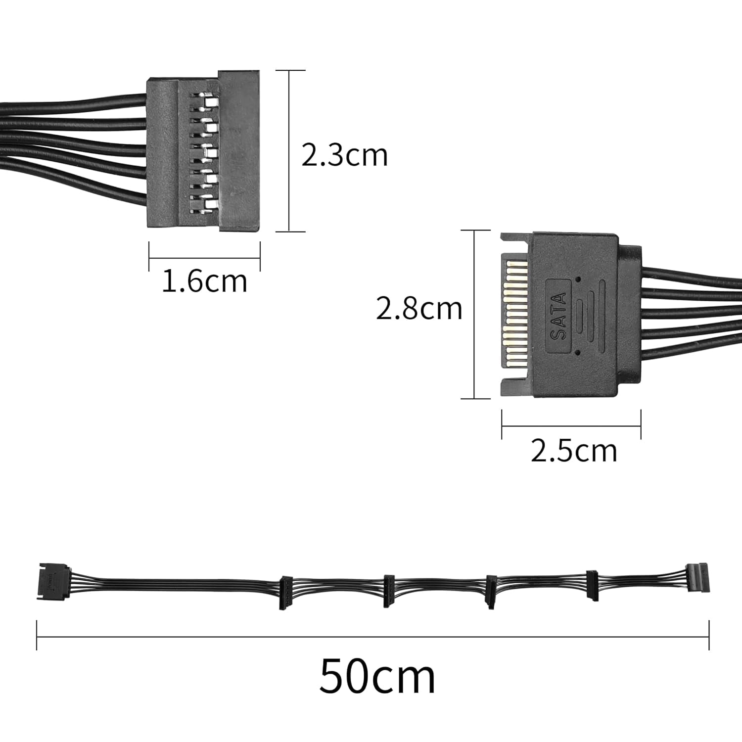 HRTGFD-SATA Power Extension Cable 15 Pin SATA 1 Male to 5 Female Splitter Hard Drive Cable for HDD、SSD、Optical Drives（1.6FT/50CM）