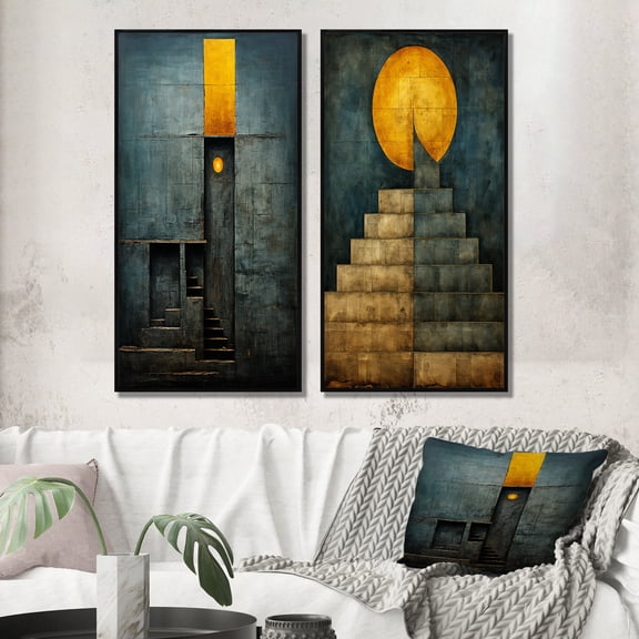 Designart "Indigo Stairway Minimal Grace V" Transitional Framed Wall Art Set Of 2 - Abstract Blue Gallery Wall Frame Set For Home Decor