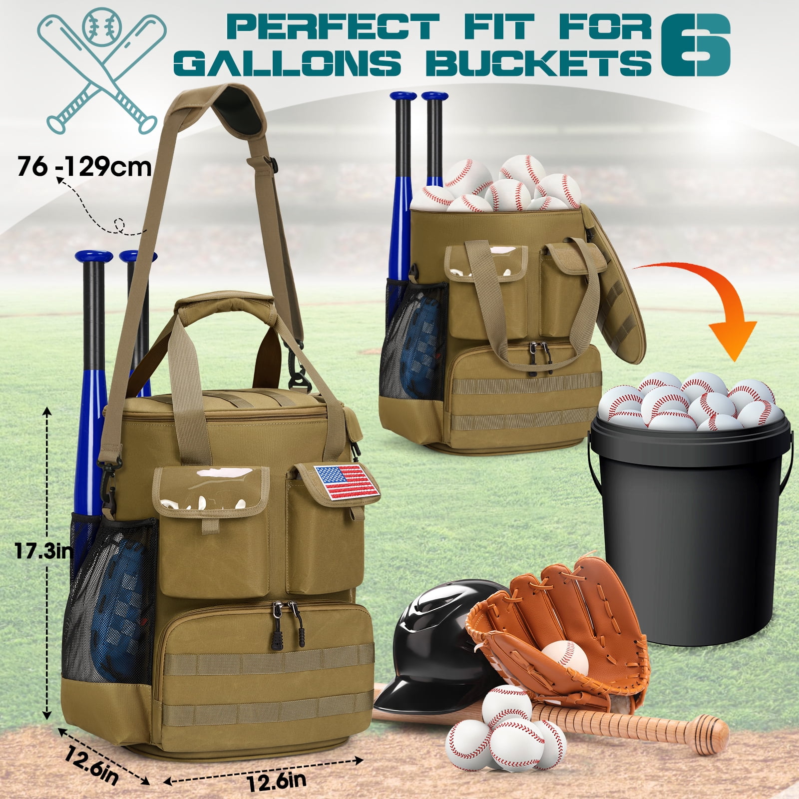 RAINSMORE Baseball Bucket Backpack Baseball Accessories Organizer Bag with Insulation Pocket Softball Baseball Bag with Anti-Slip Bottom,Brown
