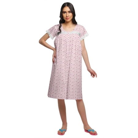 

Moomaya Womens Knee Length Cotton Short Sleeve Nightdress Printed Night Gown