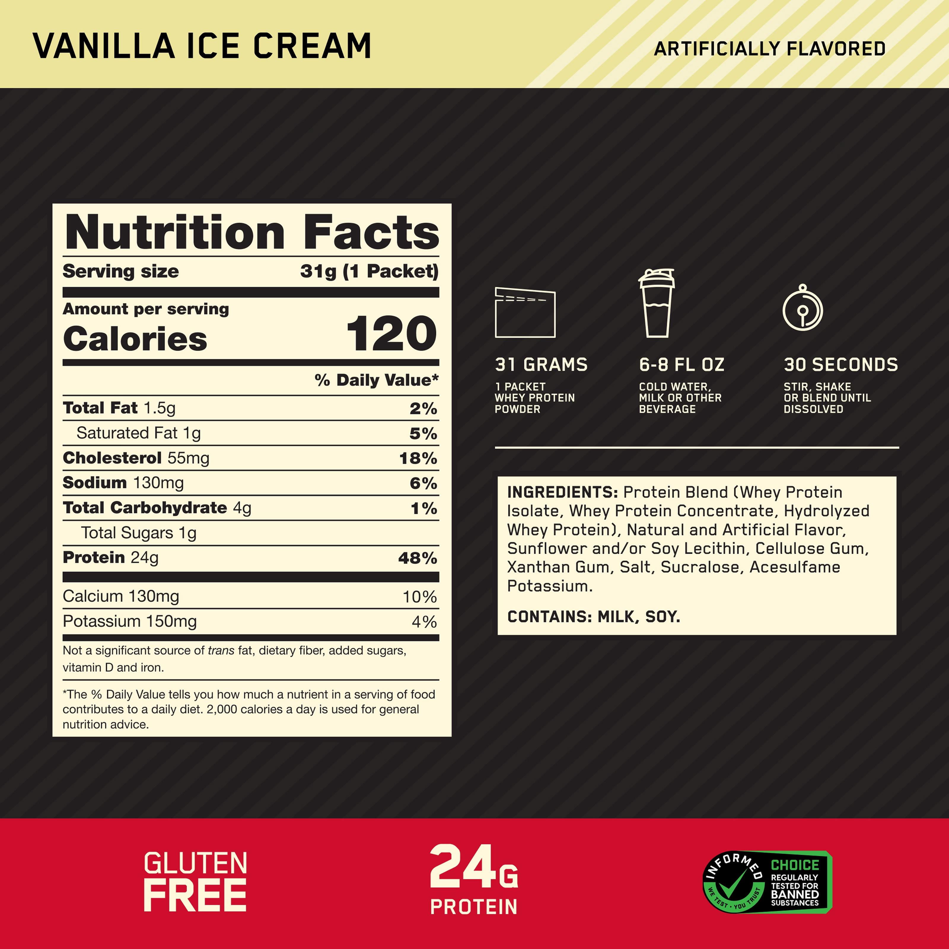 Optimum Nutrition, Gold Standard 100% Whey Protein Powder, Vanilla Ice Cream, 1 Serving Sachet