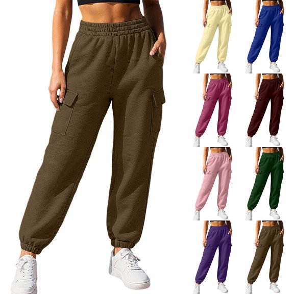 XRoczxe Women Elastic Waist Cargo Jogger Sweatpants Drawstring Cuff Draped Wrinkle Resistant Soft Warm Casual Street Trousers Multi Solid Fashion Colors