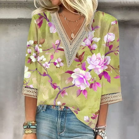 Qhnvtd Oversized Tshirts For Women Casual Babydoll Tops For Women Tshirts 2024 Women s Summer Printed Pullover V-Neck Lace T-Shirt 3/4 Sleeves Sleeve Top Yellow
