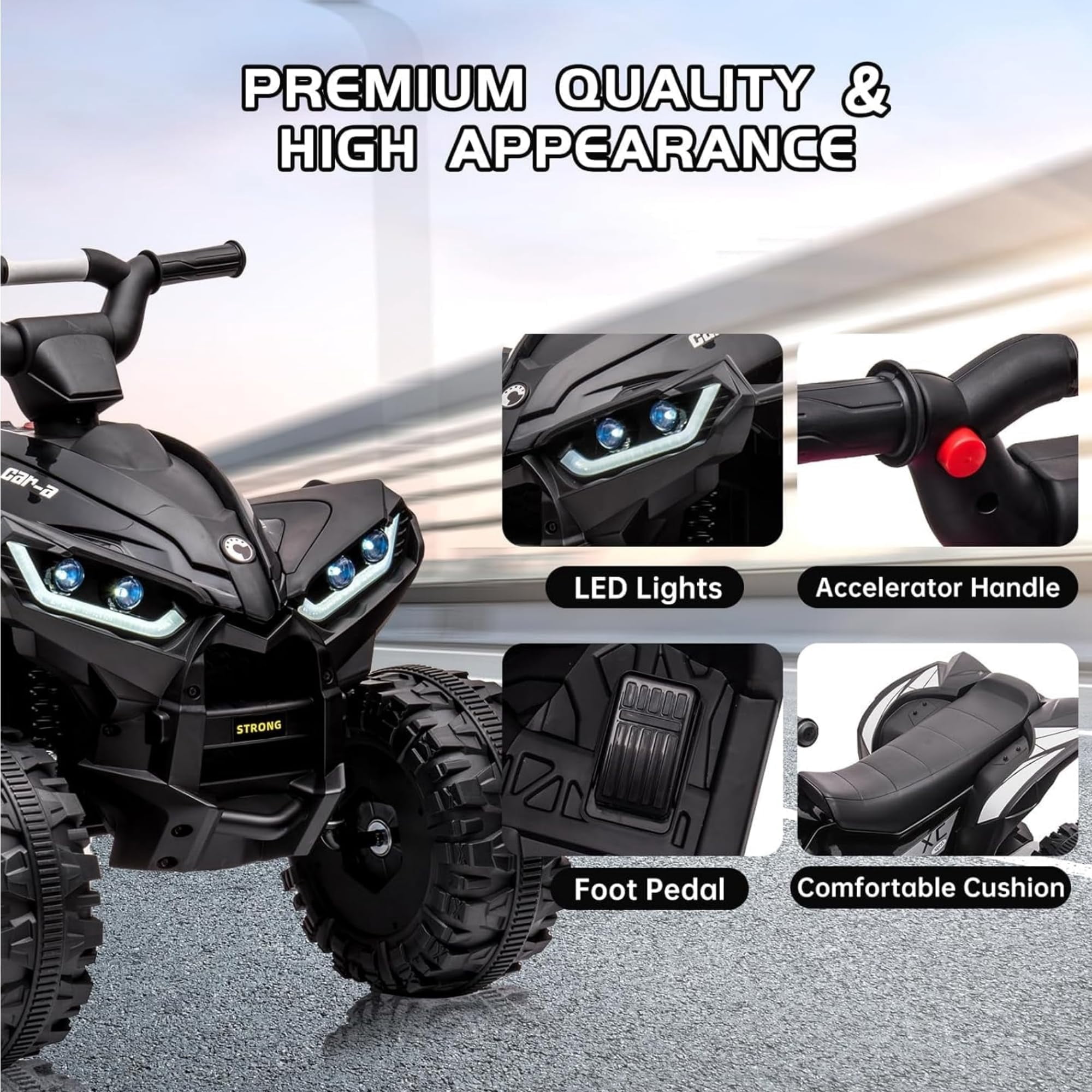 TROPOW Electric Ride On Cars with Remote Control,Kids Ride On ATV 4 Wheeler, Electric Battery-Powered with Remote Control, Music, Horn, Led Lights, USB Port, Treaded Tires