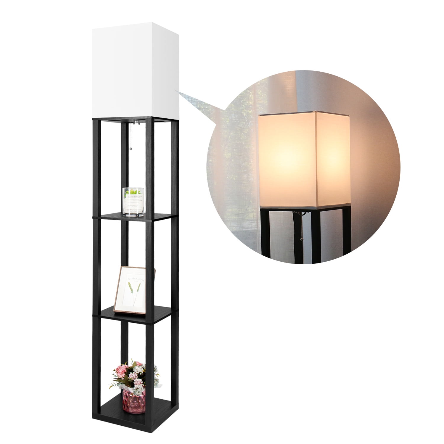 ELECWISH 62.6 Inch Tall Shelf Floor Lamp, Black with White Shade