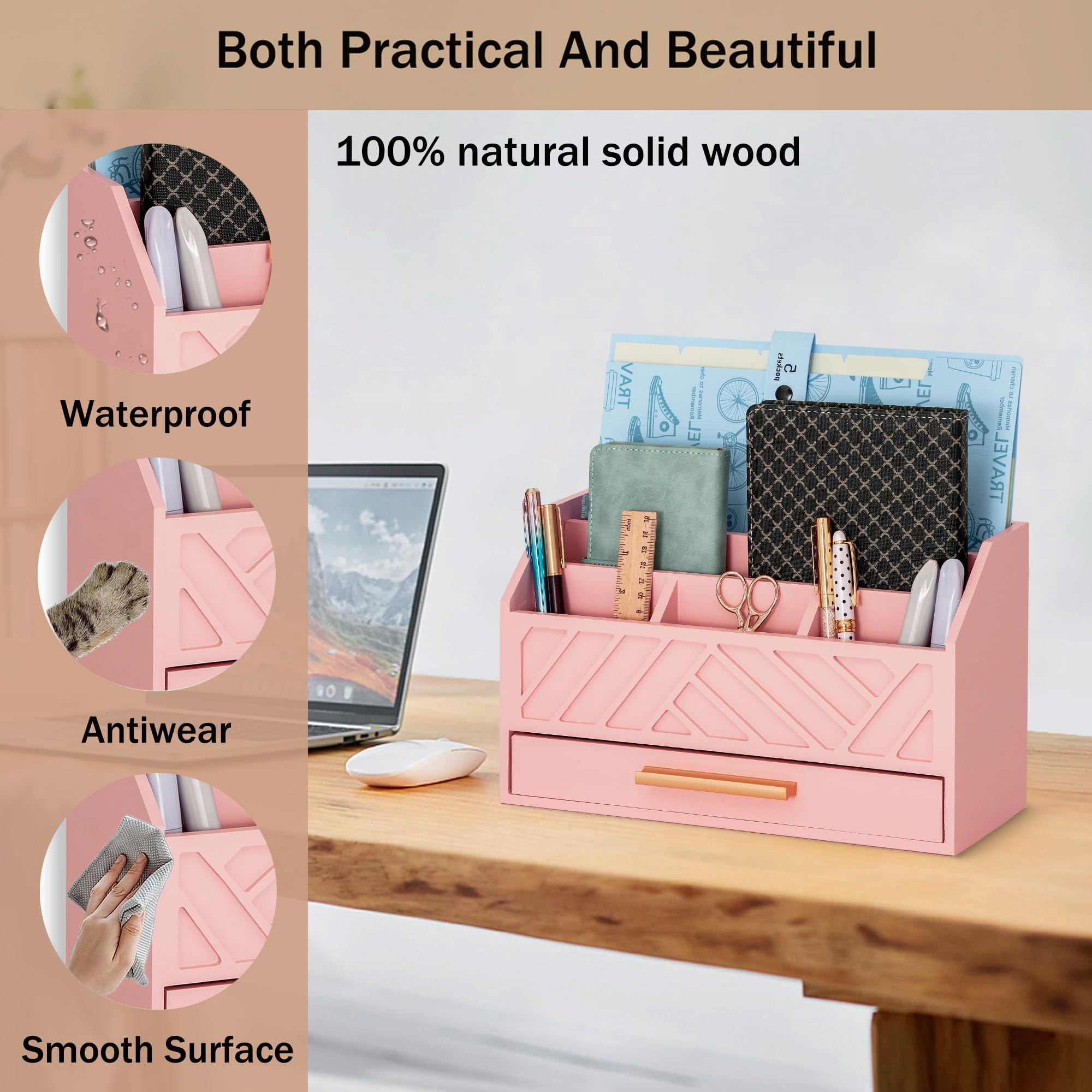Brown Wood Desk Organizer and Accessories with Drawer, Bill Mail Organizer and File Mail Holder for Office Supplies, Modern Desk Accessories & Workspace Organizers for Desk Organization
