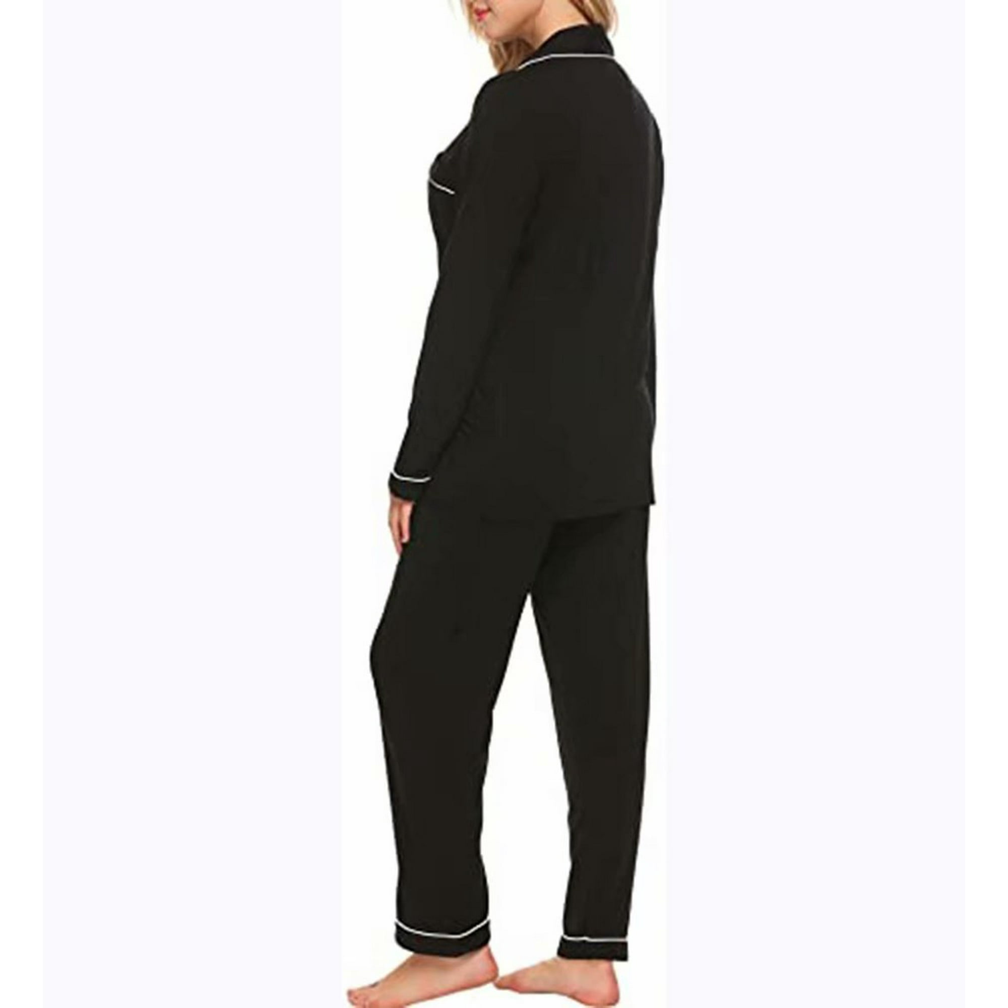Bamaia Pajamas Set Long Sleeve Sleepwear Womens Button Down Nightwear Soft Pj Lounge Sets Black L Black