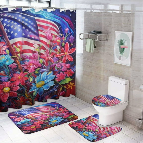 Independence Day Of The United States Flag Shower Curtain Sets with Rugs 4 Piece Rustic