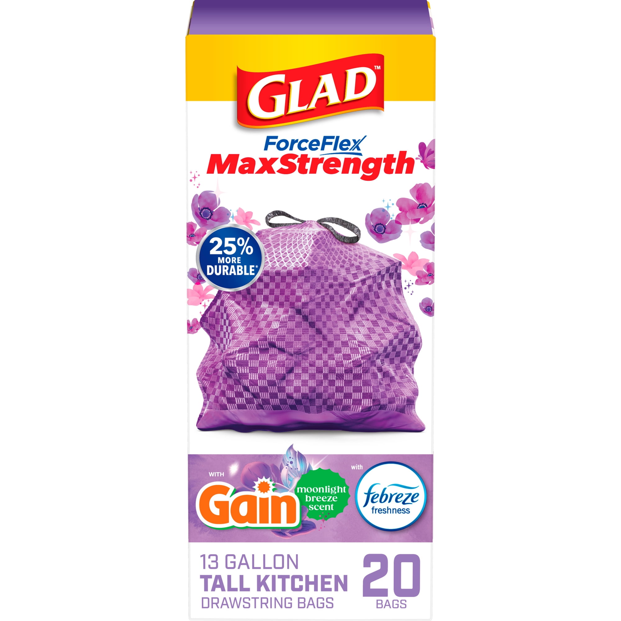 Glad ForceFlex MaxStrength 13-Gallon Purple Drawstring Tall Kitchen Bags, Gain Moonlight Breeze Scent, 20 Bags