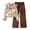 Brown*, variant on RUTAYY Girls Outfit Set Floral Print Ruffle Detail Stand Collar Long Sleeve Button Front Blouse Wide Leg Pants 2 Piece Children Set Khaki