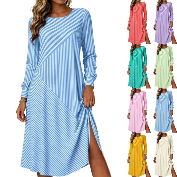 Omexry Cute Summer Dresses Women's Fashion And Leisure Splicing Long Sleeve Round Neck Loose And Comfortable Dress