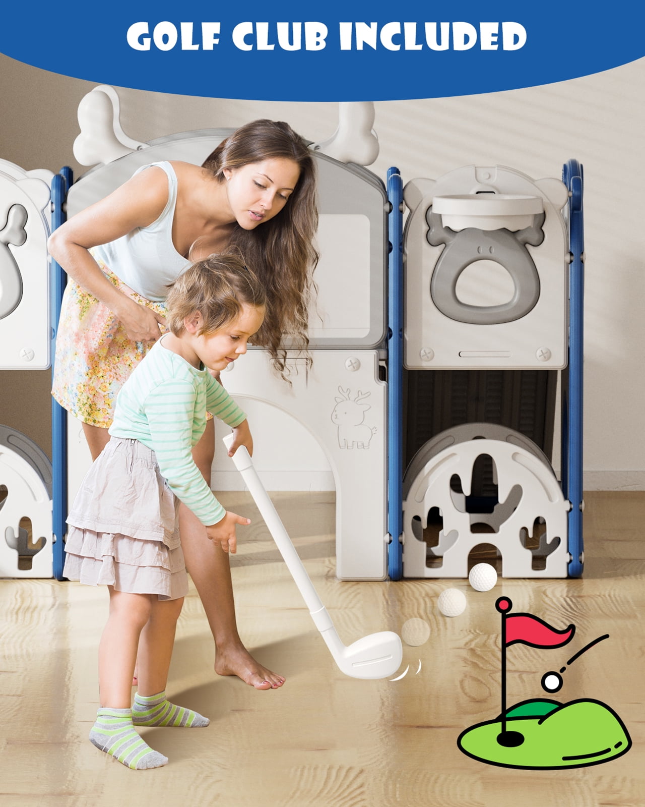 KORIMEFA 13 in 1 Toddler Slide Set, Kids Slide for baby Age 1-4, New Upgrade with Golf Set, Basketball Hoop, Drawing Board for Indoor Outdoor Playset,Toddler Playground,Blue