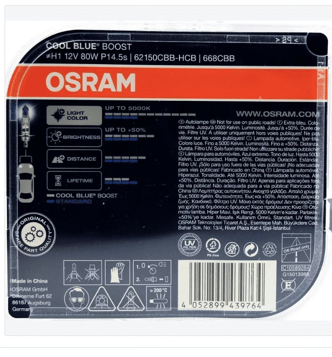 H1 Osram 5000K Cool Blue Boost Halogen Headlight Bulb 62150CBB (Pack of 2)  