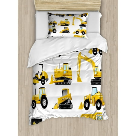 Boy S Duvet Cover Set Yellow Colored Construction Site Machinery