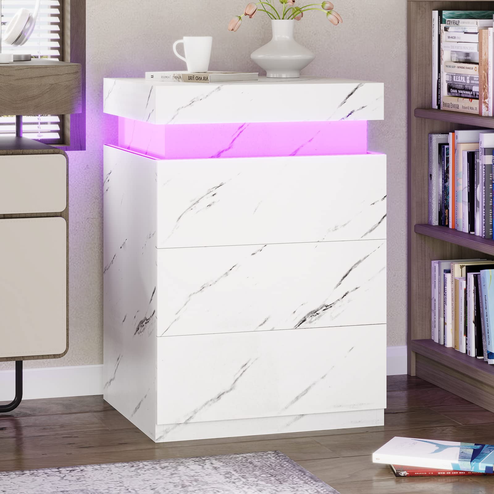 Modern LED Nightstand with 3 Drawers , White Nightstand Bedside Table Storage with Drawer Charging Station for Bedroom,USB Port,Smart Night Table with Sliding Top,2Pcs